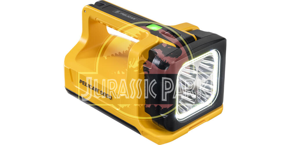 Product visual featuring the Pelican 9050 flashlight alongside the iconic Jurassic Park logo, highlighting cinematic use and rugged lighting performance
